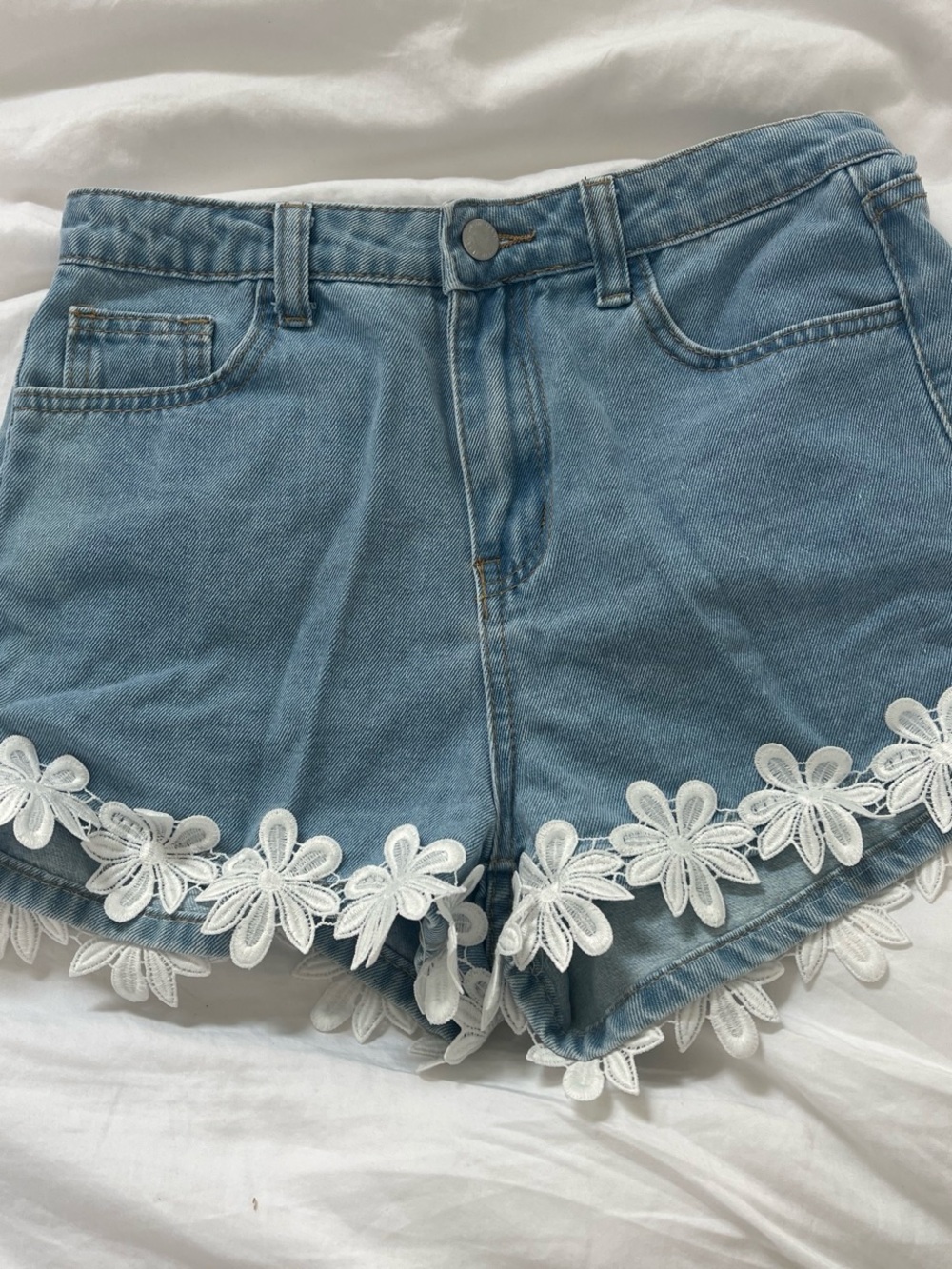 SHEIN Light Blue Denim Shorts with White Floral Lace Hem